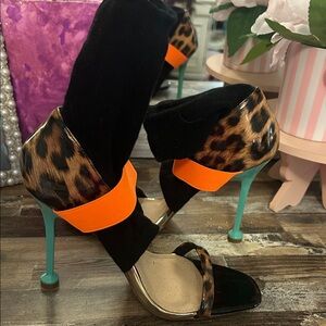 Leopard Print Stiletto Sock Sandals with Orange Strap